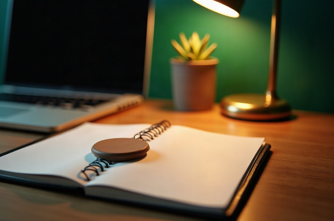 An event coordinator's desk with a laptop, notebook and a single play chip