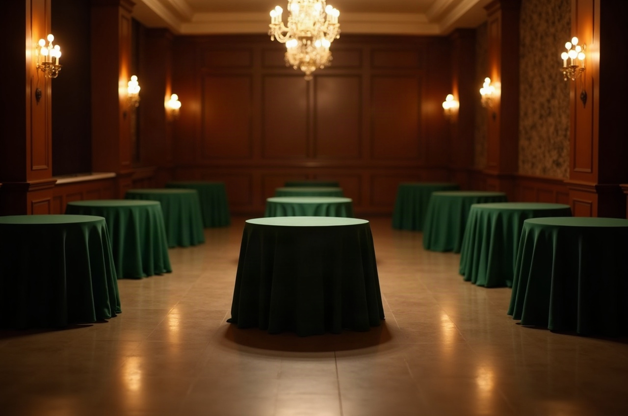 An event room set with casino-style gaming tables under warm lighting