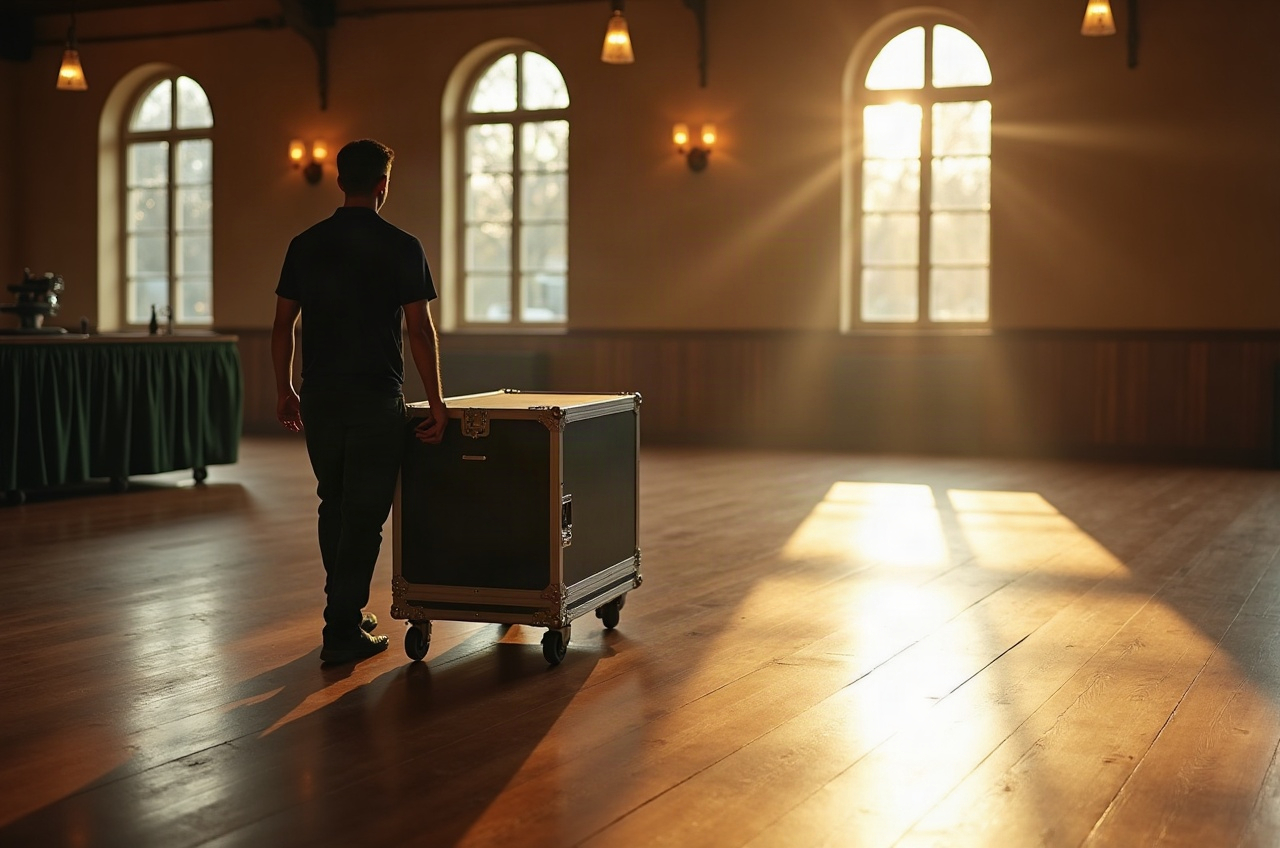 An event crew member rolling an equipment case into an empty function room