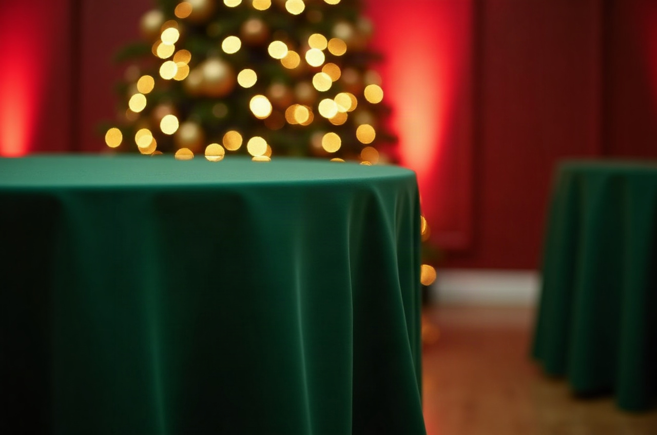 A festively decorated event space prepared for an end-of-year function
