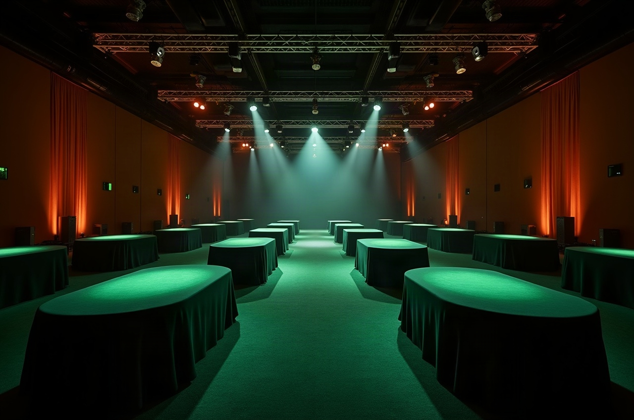 A large conference venue arranged with multiple entertainment stations