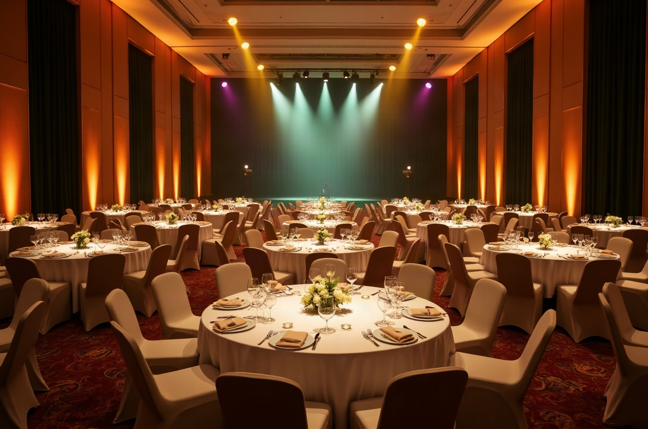 A function room set for a corporate casino night with gaming tables